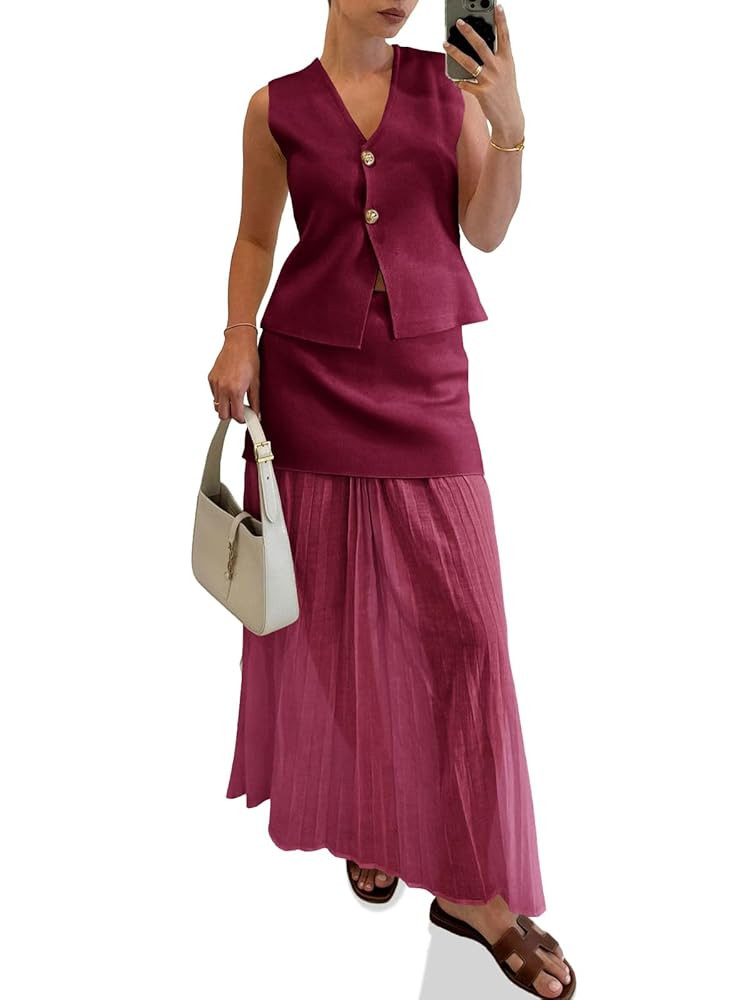 Cicy Bell Womens Summer 2 Piece Outfits V Neck Sleeveless Blazer Waistcoat and Mesh Maxi Skirt Su... | Amazon (US)