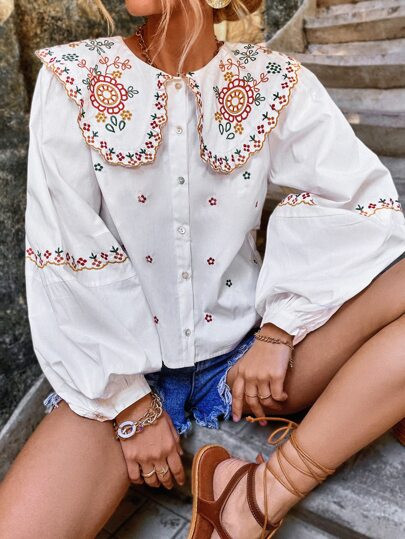 Floral Embroidery Statement Collar Bishop Sleeve Blouse | SHEIN