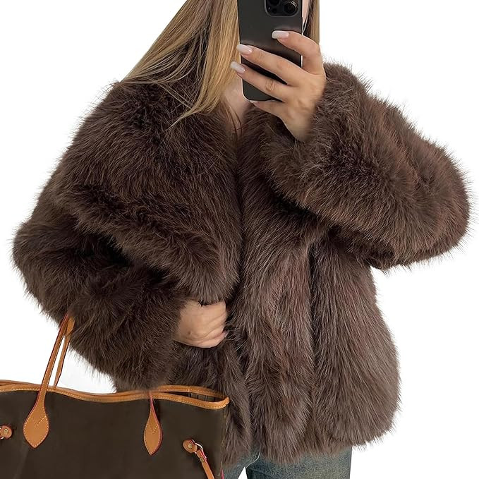 Womens Cropped Fluffy Faux Fur Coat Open Front Long Sleeve Furry Jacket with Pockets | Amazon (US)