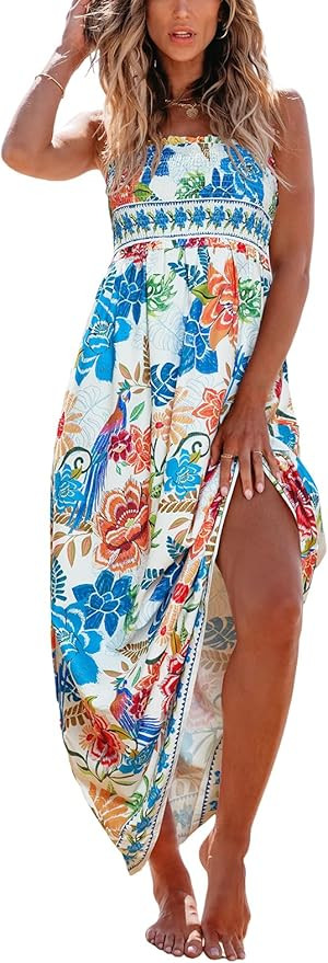 CUPSHE Women's Floral Maxi Dress Spaghetti Strap Summer Boho Beach Dress Smocked Sundress Casual ... | Amazon (US)