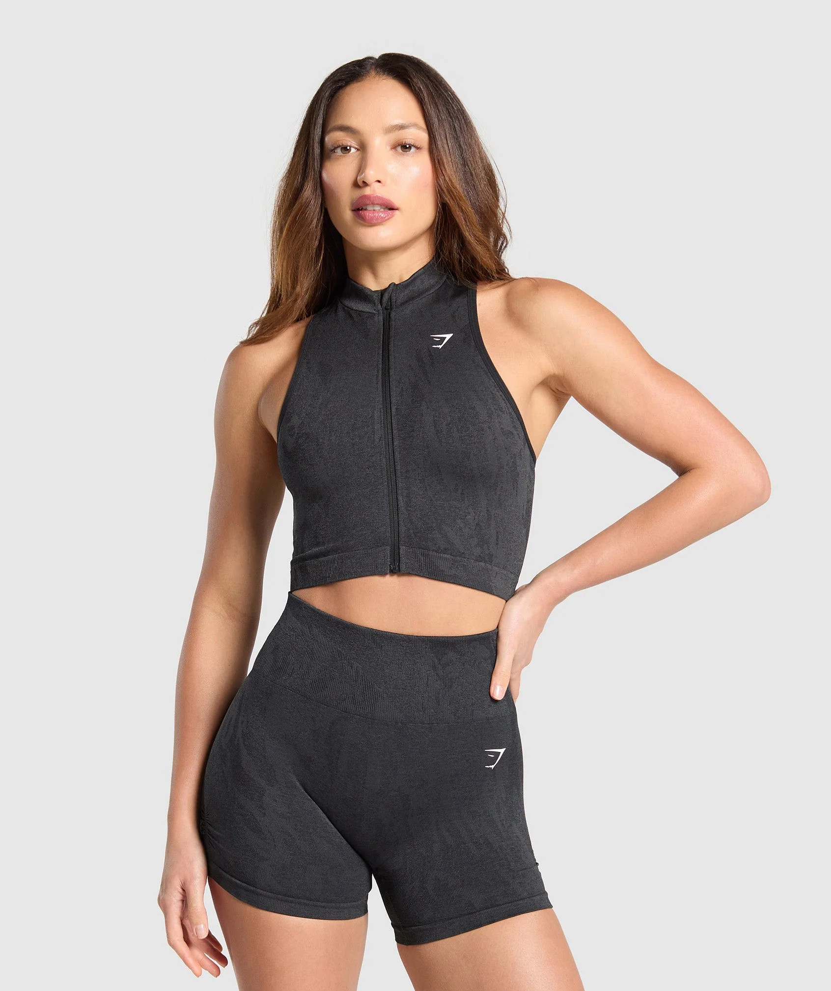 Gymshark Adapt Camo Seamless Zip Up Crop Top - Asphalt Grey/Black | Gymshark US