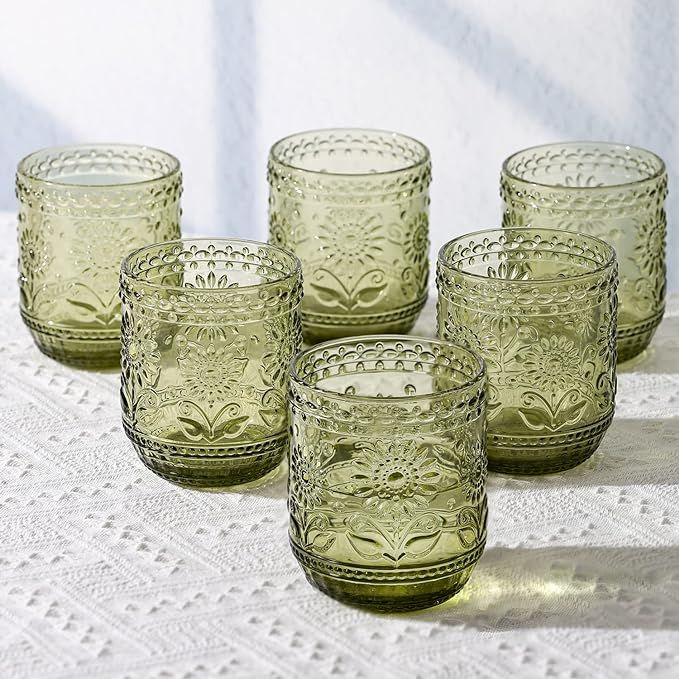 Airsky Set of 6 Olive Green Vintage Drinking Glassware- 12OZ Green Glass Drinking Cups, Thick Far... | Amazon (US)