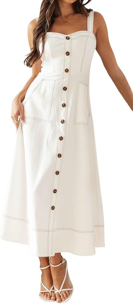Women's Summer Adjustable Strap Sleeveless Midi Denim Dress Button Down A-Line Swing Flowy Jean D... | Amazon (US)