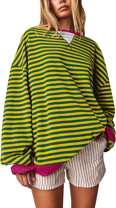 Women's Oversized Sweatshirt Striped Sweatshirts Color Block Pullover Relaxed Fit Crew Neck Long ... | Amazon (US)