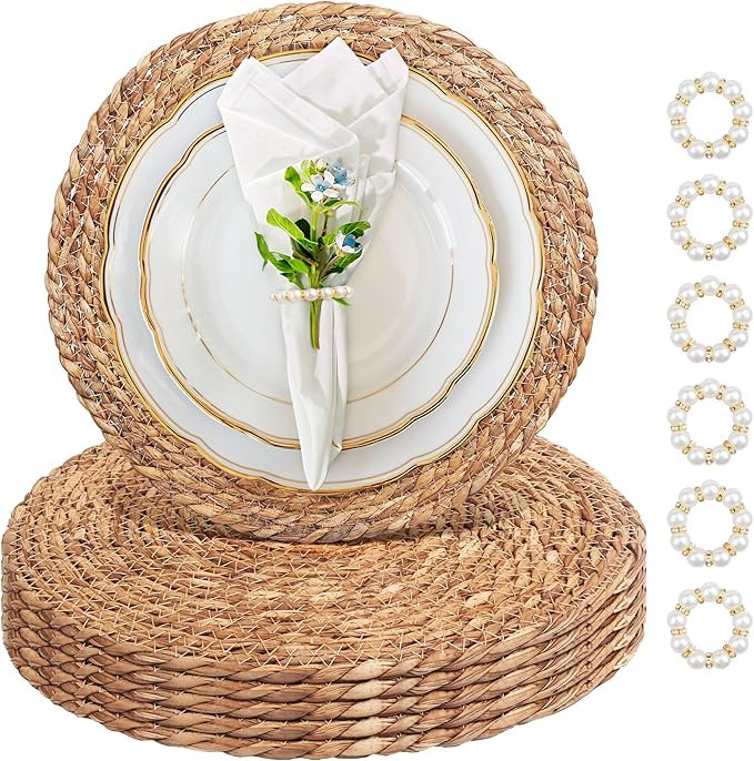 Alijoy 13 Inch Round Woven Placemats Set of 6 with Pearl Napkin Rings - Rattan Chargers for Dinne... | Amazon (US)