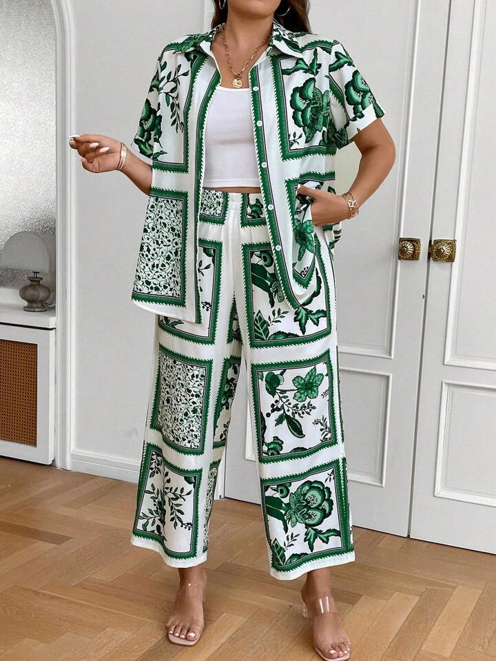 SHEIN LUNE Plus Scarf Print Shirt & Wide Leg Pants | SHEIN