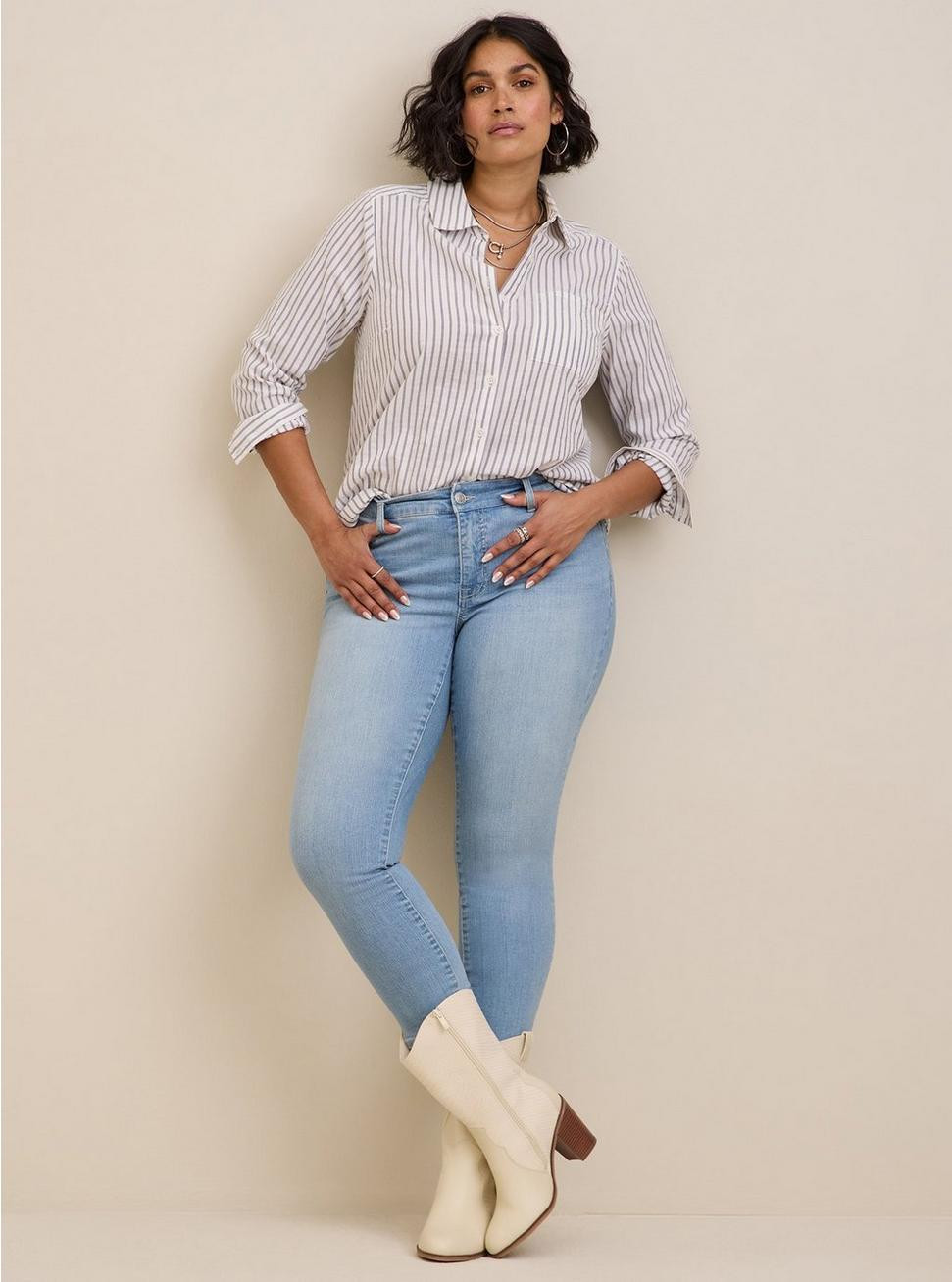 Lizzie Cotton Button-Down Long Sleeve Shirt | Torrid (US & Canada)