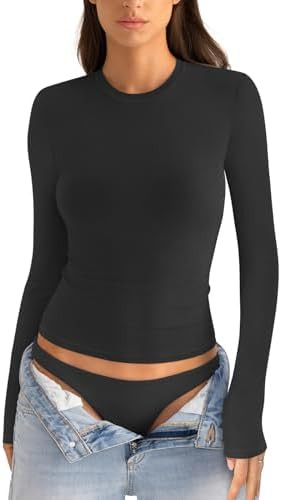 Womens Cotton Long Sleeve Shirts Crew Neck Fitted Basic Going Out Outfits Undershirt Spring Fall ... | Amazon (US)