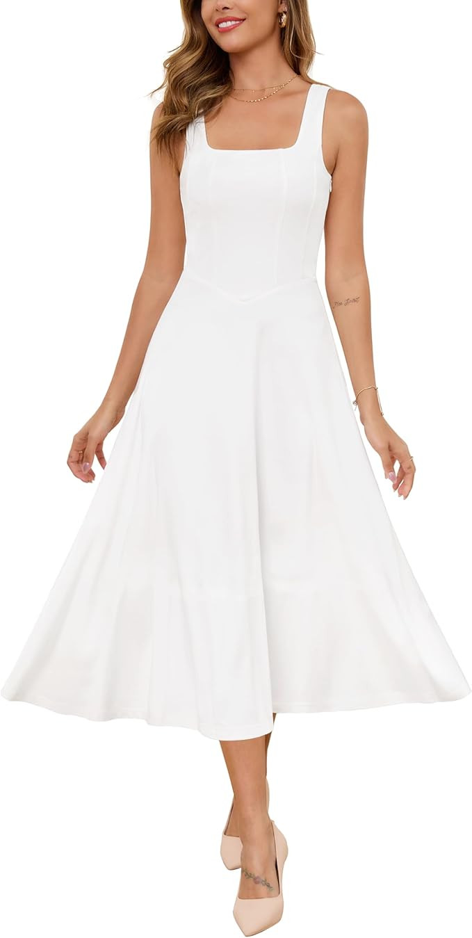 Zattcas Womens 2025 Spring Summer Square Neck Sleeveless Flowy Swing Midi Dress Wedding Guest Pro... | Amazon (US)