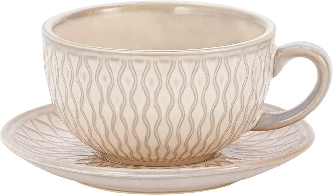 Vintage Design 12 oz Ceramic Latte Art Cappuccino Barista Cup with Saucer (Embossed Beige) | Amazon (US)