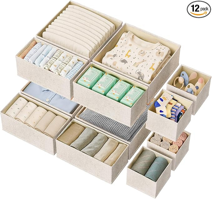 Amazon.com: ActCosy 12 Pack Drawer Organizer for Baby Clothes, Linen Fabric Nursery Organizer for... | Amazon (US)