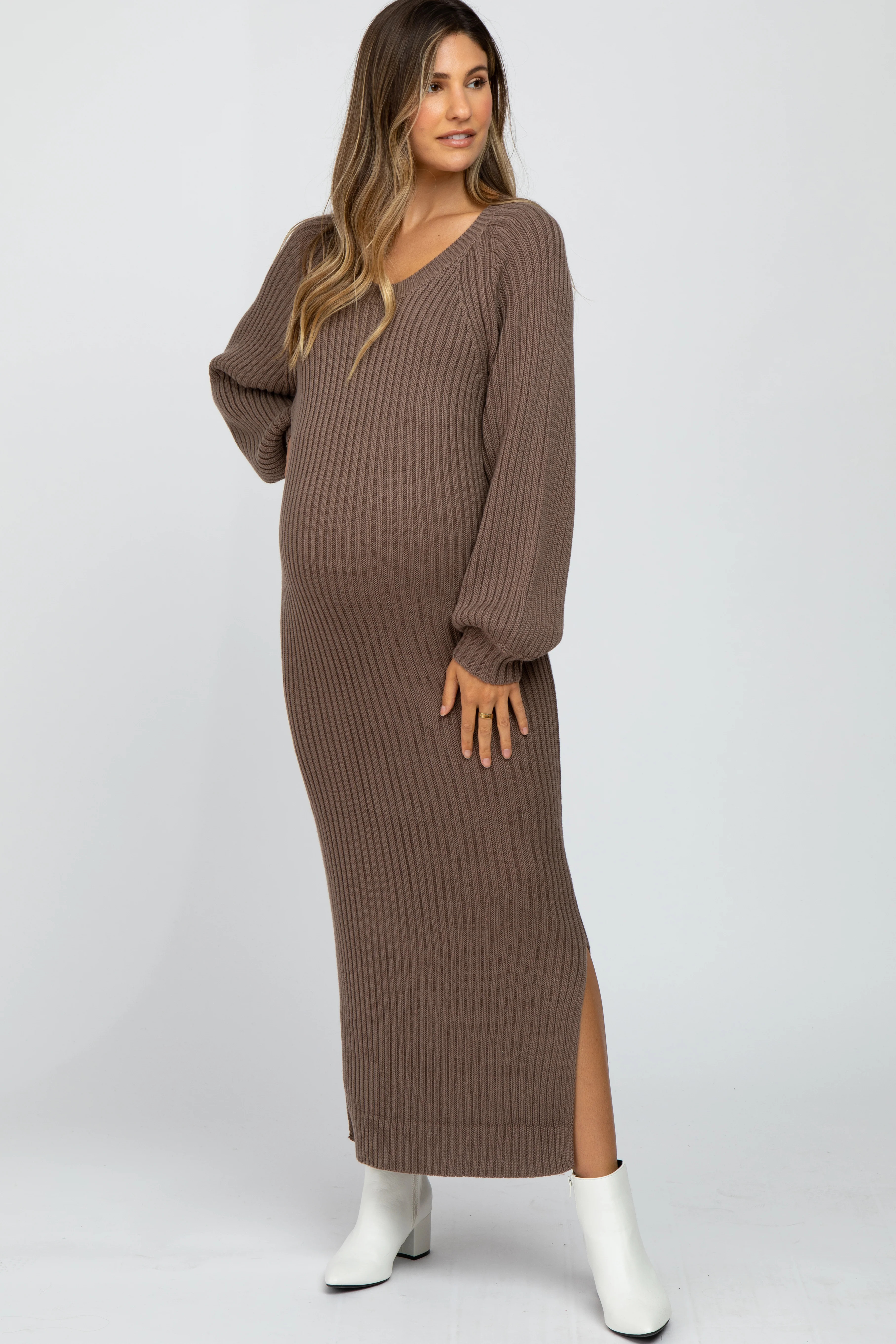 Taupe Side Slit Maternity Maxi Sweater Dress | PinkBlush Maternity