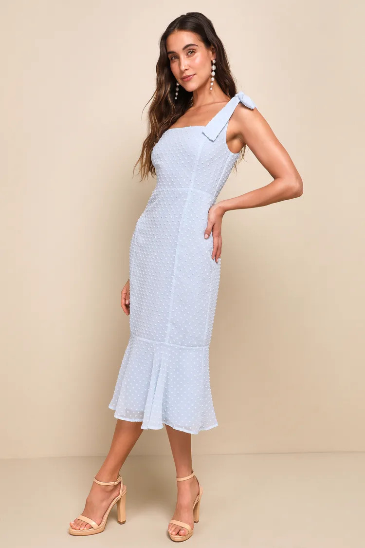 Bimini Periwinkle Blue Swiss Dot Tie-Strap Midi Dress | Lulus