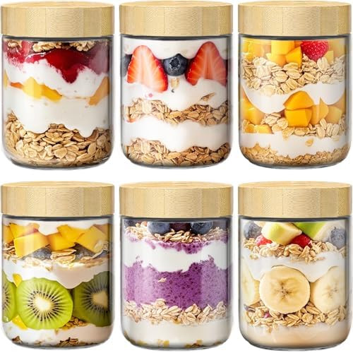 6 Pack 16oz Overnight Oats Containers with Bamboo Lids, Glass Jars with Airtight Lids for Meal Pr... | Amazon (US)