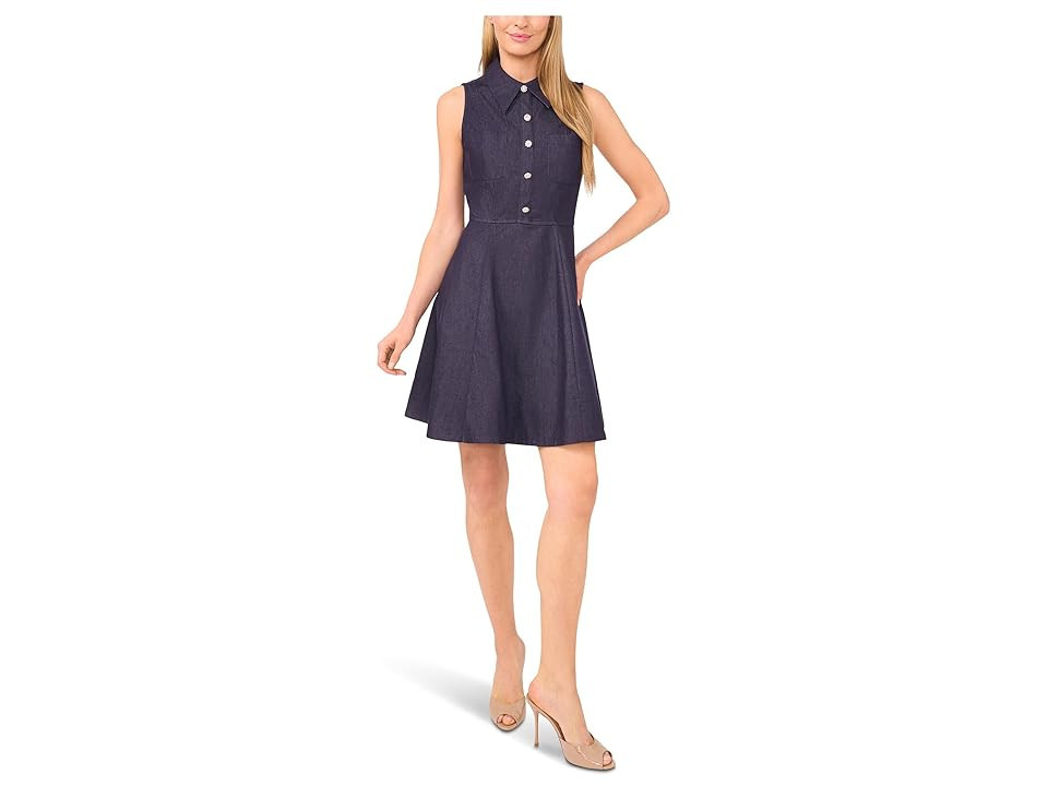 CeCe Sleeveless Fit Flare Collared Dress Women's Dress Classic Navy : 0, Cotton/Polyester/Spandex | Zappos