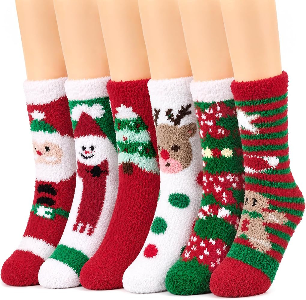 6 Pairs Christmas Socks for Women, Fuzzy Christmas Socks Bulk Soft | Amazon (US)