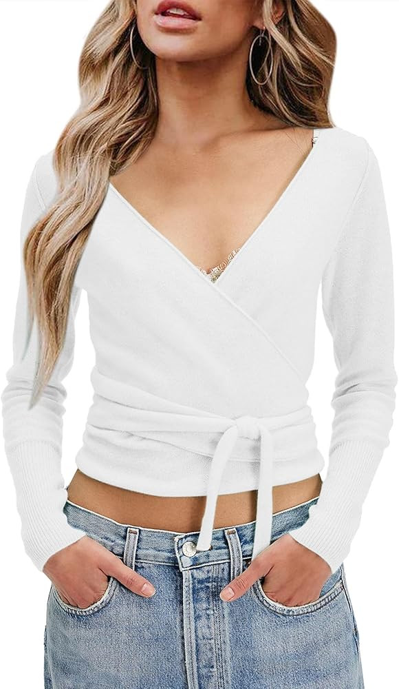 PRETTODAY Women's Wrap Knit Sweater V Neck Tie Front Long Sleeve Casual Pullover Tops | Amazon (US)
