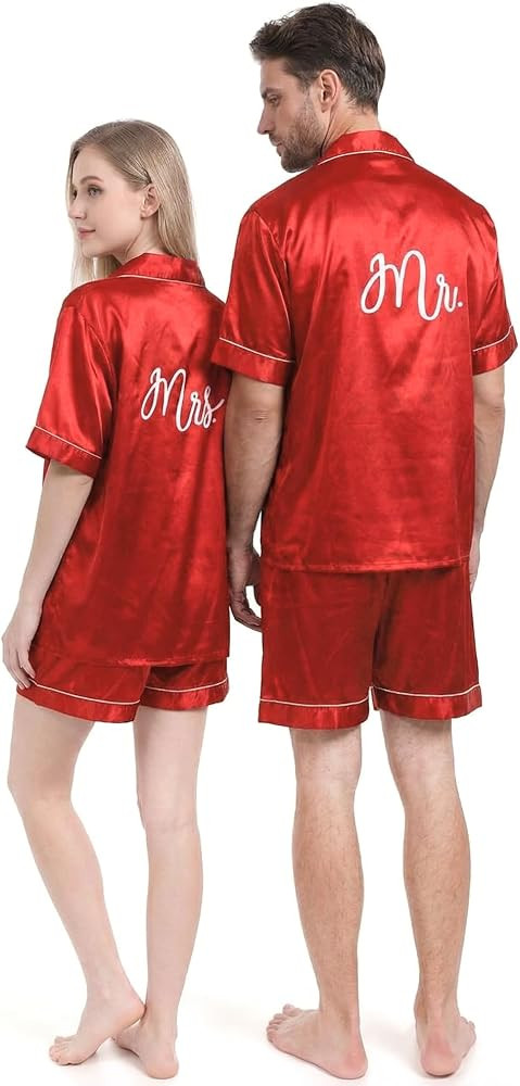 Jecery Couple Matching Pajamas Mr and Mrs Sleeve Sleepwear His and Hers Short Satin Pjs Summer Bu... | Amazon (US)