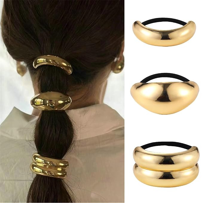 papasgix 3 PCS Metal Hair Tie, Ponytail Hair Cuff, Gold Hair Cuff, Gold Ponytail Cuff Silver Meta... | Amazon (US)
