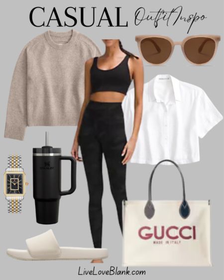 Casual everyday outfit idea
Travel outfit idea 
Lululemon leggings and slides 
Gucci tote Stanley tumbler 
Abercrombie tops 
#ltku



#LTKSeasonal #LTKOver40 #LTKStyleTip