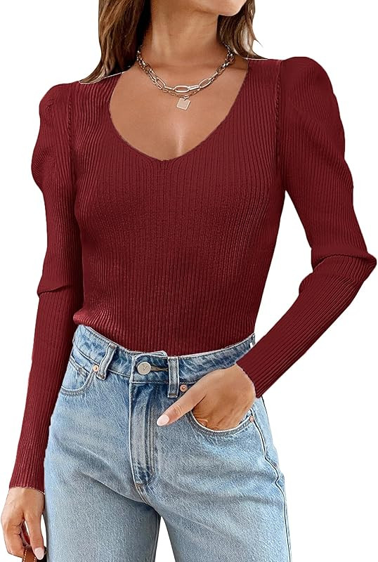 Zeagoo V Neck Sweaters for Women 2023 Casual Puff Sleeve Pullover Sweater Solid Soft Slim Fit Jumper | Amazon (US)