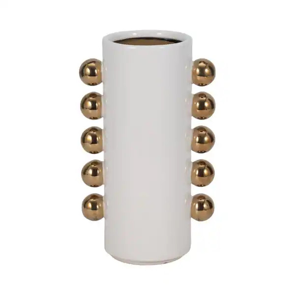 Sagebrook Home White/Gold Ceramic Cylinder Vase With Side Knobs | Bed Bath & Beyond