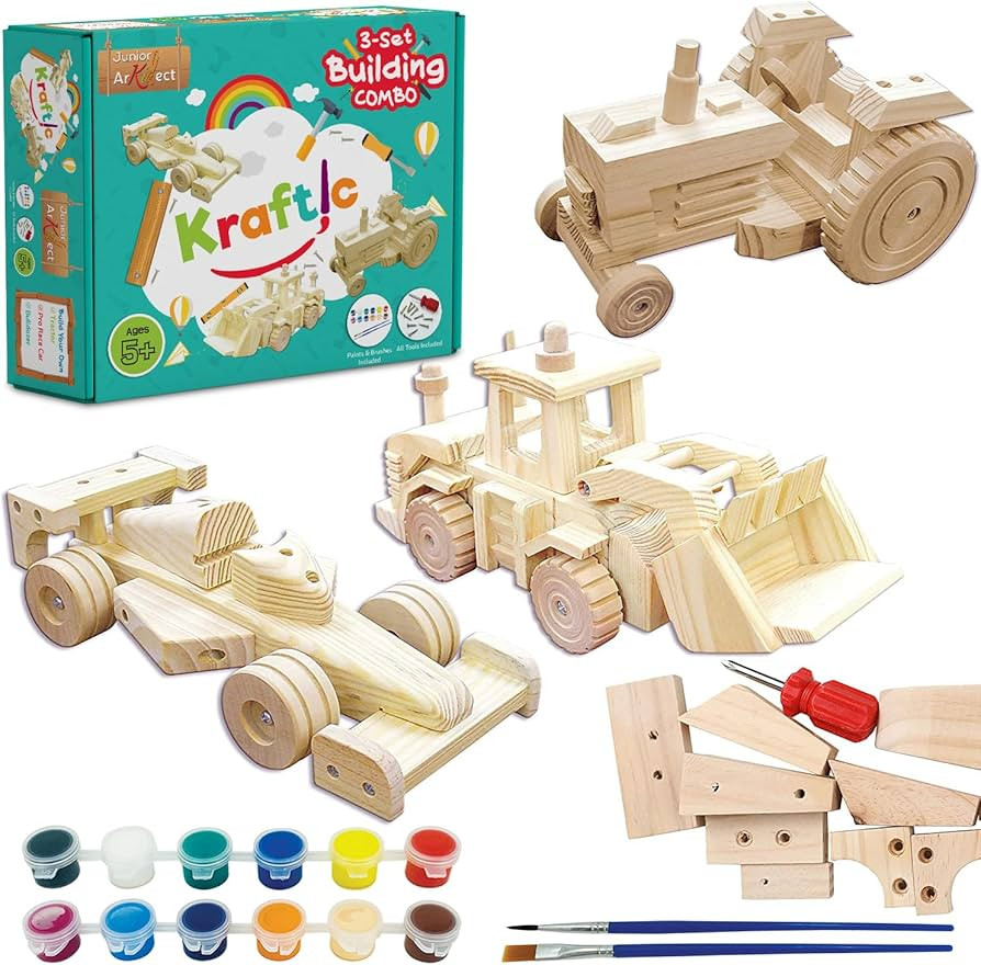 Kraftic Woodworking Building Kit for Kids, with 3 Educational DIY Carpentry Construction Wood Mod... | Amazon (US)