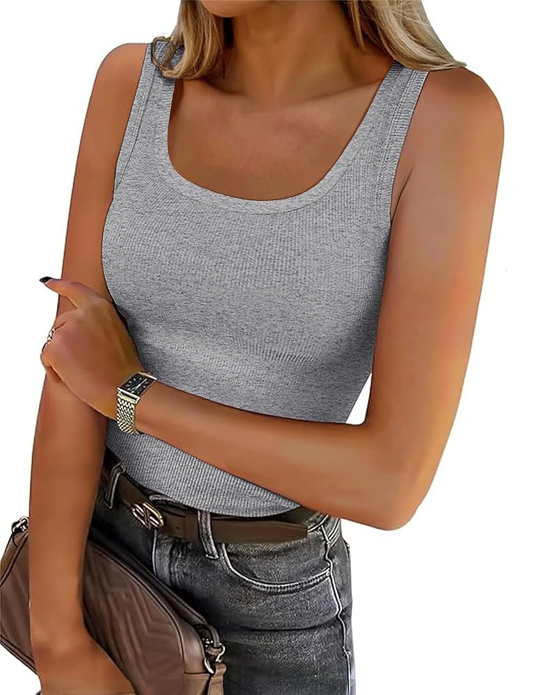 Roselux Women's Sleeveless Scoop Neck Fitted Tank Top Ribbed Knit Casual Basic Cami Shirts | Amazon (US)