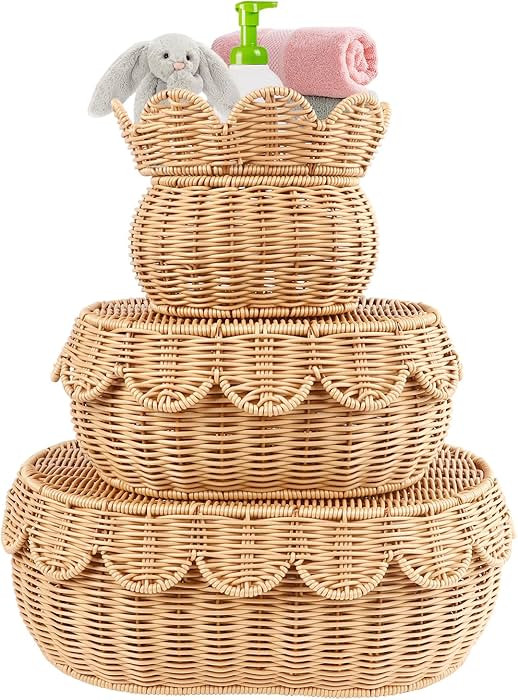 3 Pcs Scalloped Basket With Lid, Hand Woven Plastic Wicker Basket Set, 16 x 12 x 6 In Decorative ... | Amazon (US)