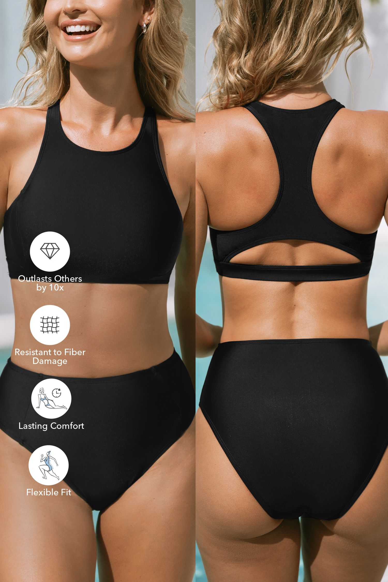Lycra Black Sporty Bikini Bralette & Classic Bottoms Set | Cupshe US