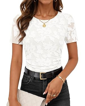 MEROKEETY Women's Summer Short Sleeve Floral Mesh Blouse Top 2026 Dressy Casual Crewneck Ruched F... | Amazon (US)