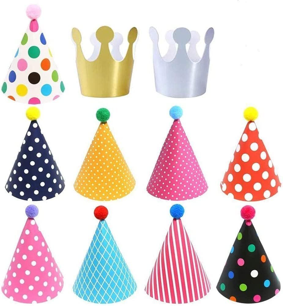 11PCS Birthday Party Cone Hats - Pom Poms,Lovely Cake Cone Birthday Paper Hats,Lovely Crown,For Children and Adults (9 hats and 2 crowns) | Amazon (US)