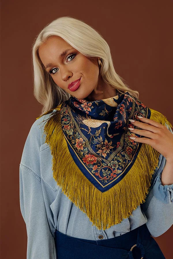 Boho Vibes Floral Satin Fringe Scarf in Navy | Impressions Online Boutique