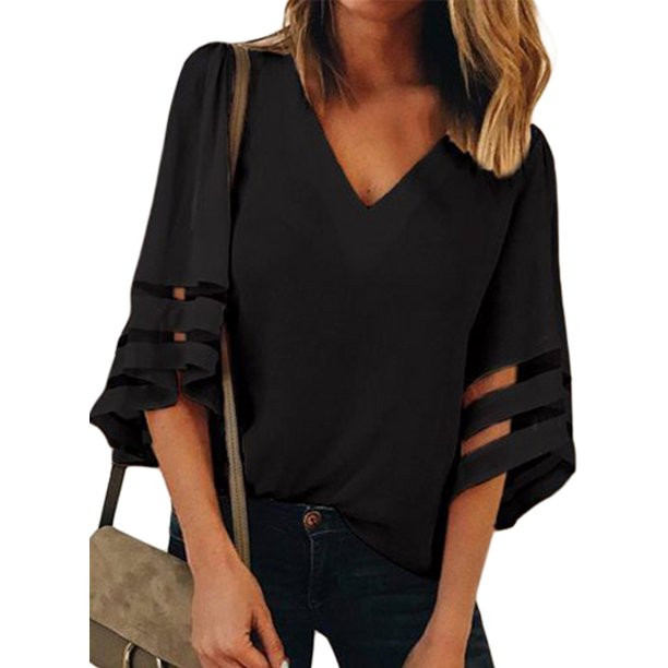 Sidefeel Women Summer Loose 3/4 Sleeve T Shirt Blouses Sexy V Neck Plain Hollow Out Tunic Tops Sh... | Walmart (US)