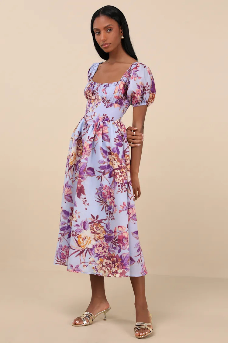 Adorable Tendencies Periwinkle Floral Puff Sleeve Midi Dress | Lulus