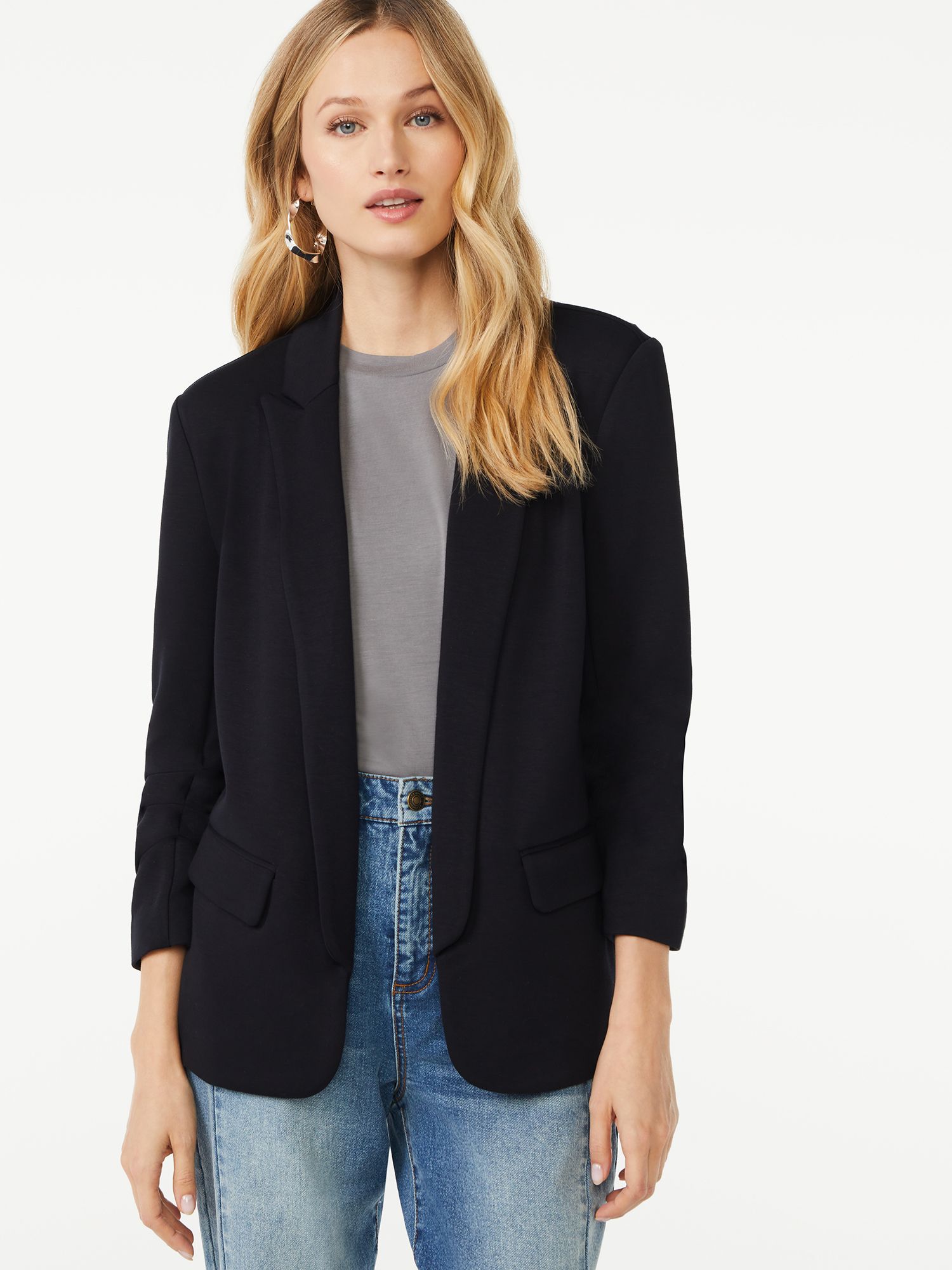 Scoop Women's Relaxed Ultimate ScubaKnit Stretch Blazer with Scrunch Sleeves, Sizes XS-XXL | Walmart (US)