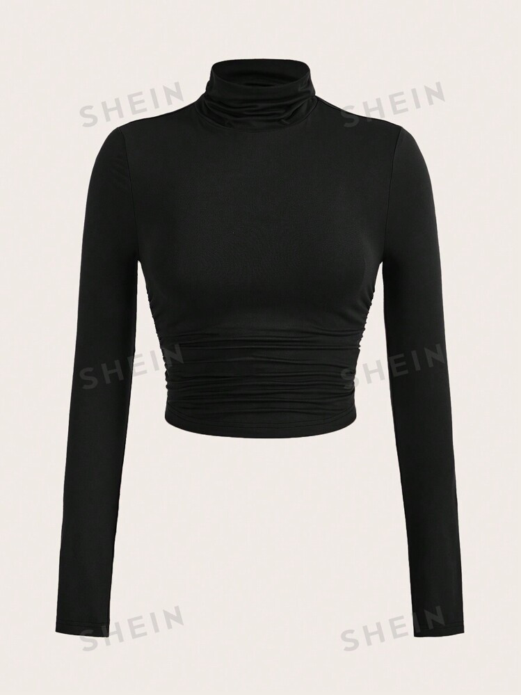 SHEIN EZwear Black Mock Neck Ruched Tee | SHEIN