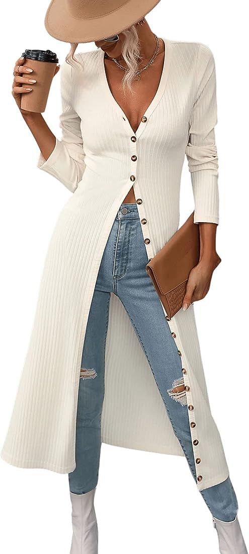 SweatyRocks Women's Casual Long Sleeve Button Front Long Coat V Neck Ribbed Knit Cardigan | Amazon (US)