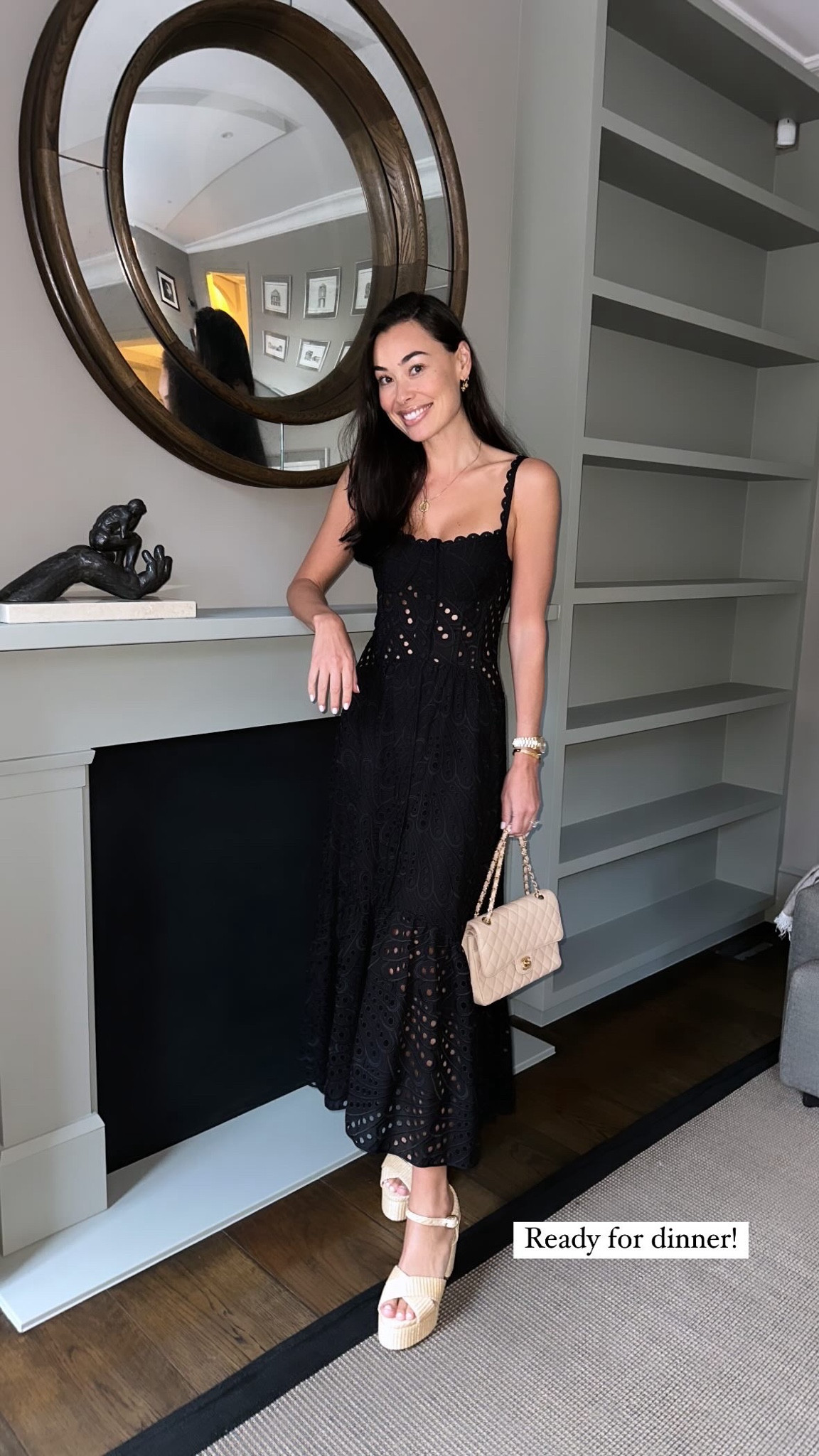 Kat Jamieson wears a Charo Ruiz black eyelet dress to dinner (just sold out, similar from the brand below) in London. Chanel, raffia heels, summer outfit, date night outfit. 

#LTKShoeCrush #LTKSeasonal #LTKItBag