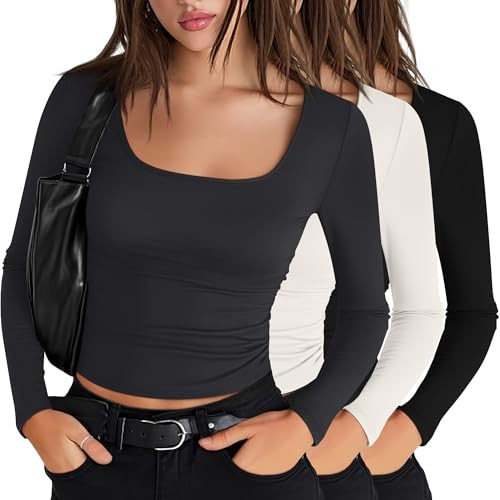 Riyiper 3 Pack Women's Long Sleeve Crop Tops, Square Neck Workout Shirts Tees Going Out Y2k Tops Basic Slim Fitted Base Layer(Large,Black, Dark Gray, Cream White) | Amazon (US)