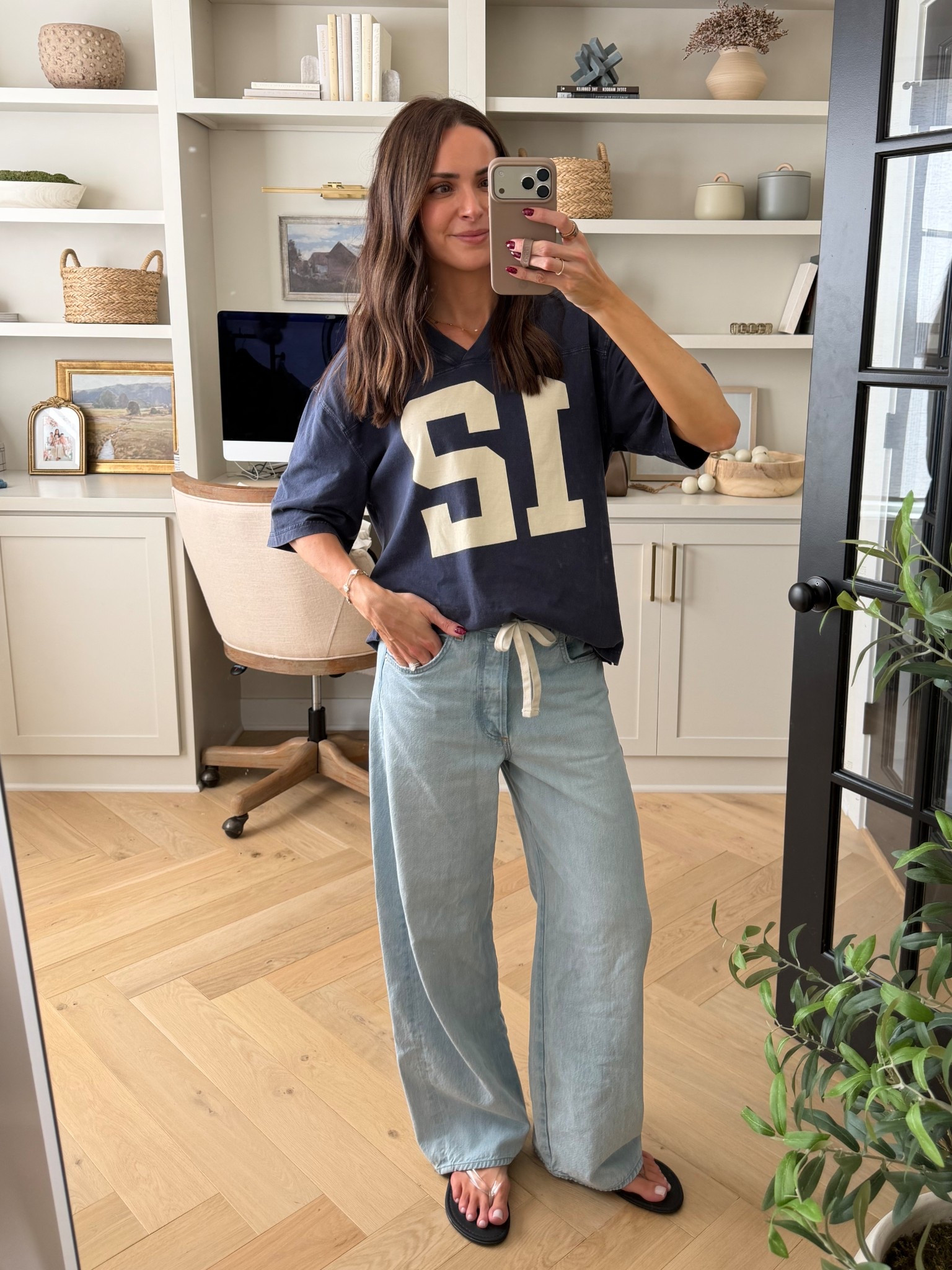 Jersey tee: true to size (S)
Drawstring jeans: tts (I’m wearing a 27 which is what I wore >1 year postpartum and they still fit so comfortably! If I bought again I’d buy 26) 
Flip flops: tts 

#LTKSeasonal #LTKmomlife #LTKootd