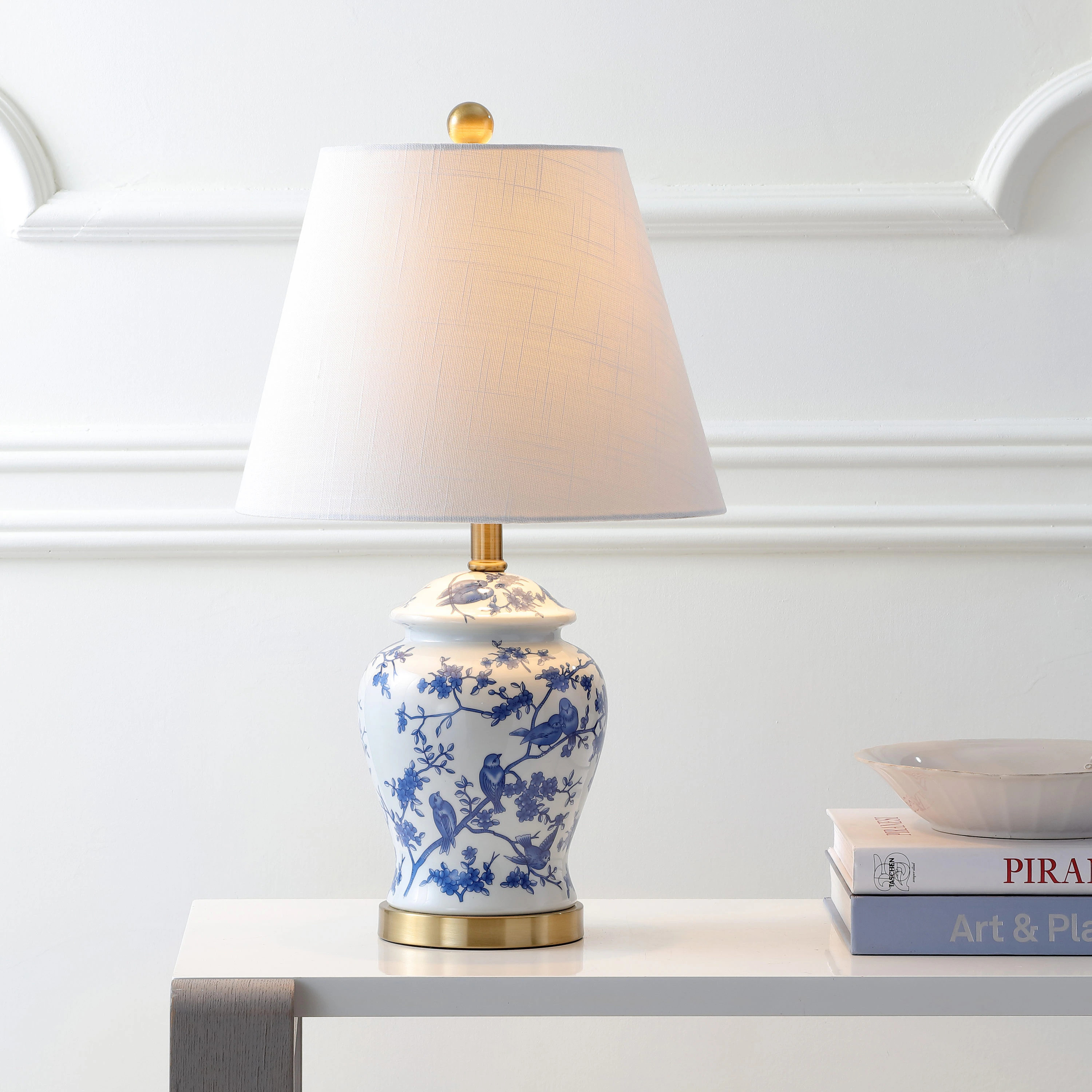 JONATHAN Y Penelope Chinoiserie Ginger Jar Bird Ceramic/Iron 22-in Blue/White LED Rotary socket Table Lamp with Linen Shade Cotton one_size | Lowe's