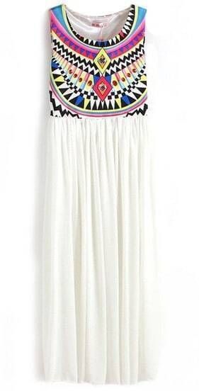 White Sleeveless Geometric Tribal Print Chiffon Dress | SHEIN