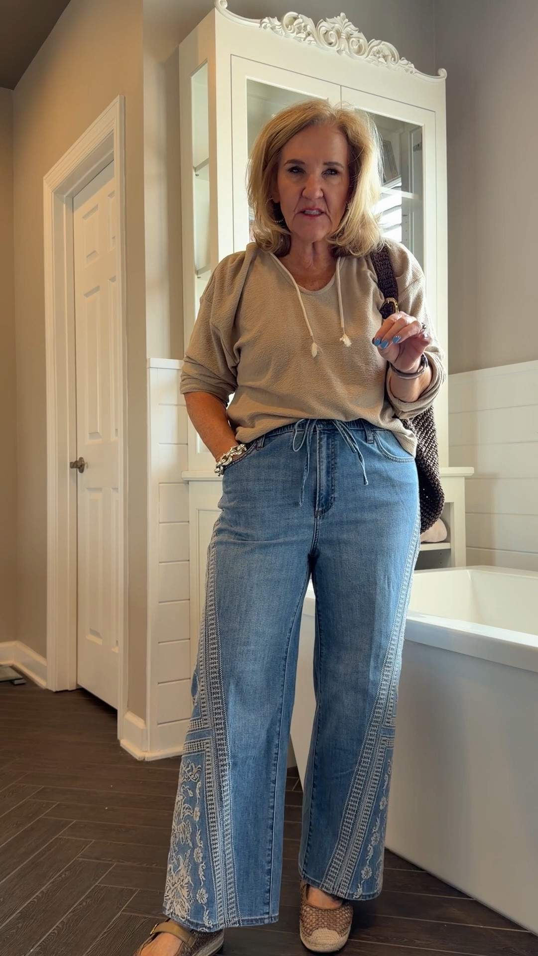 New embroidered jeans by Chicos wearing size 1.0 25% off ends 3/23! They’re an ankle length 
Hoodie is lightweight wearing size medium 
Shoes are very comfortable 


#LTKootd #LTKSaleAlert #LTKOver40