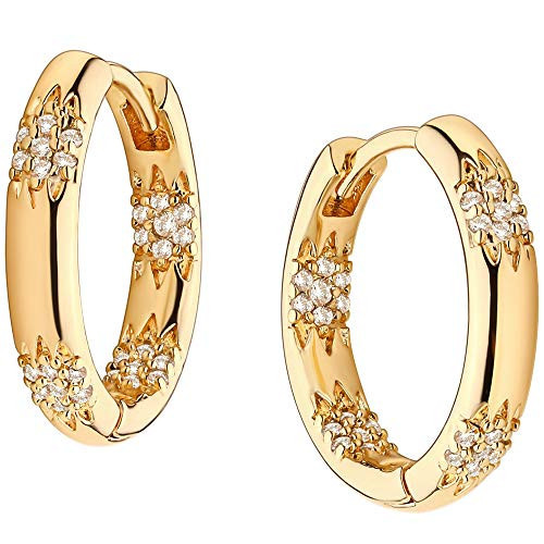 GUEMER Gold CZ Huggie Hoop Earrings 14K Gold Plated Chunky Hoop Sleeper Celestial CZ Mini Starburst Tiny Minimalist Wide Round Star Thick Hoops Earrings for Women | Amazon (US)