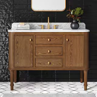Collette 48 in W x 22 in D x 35 in H Single Sink Bath Vanity in Cinnamon Oak With White Carrara M... | The Home Depot
