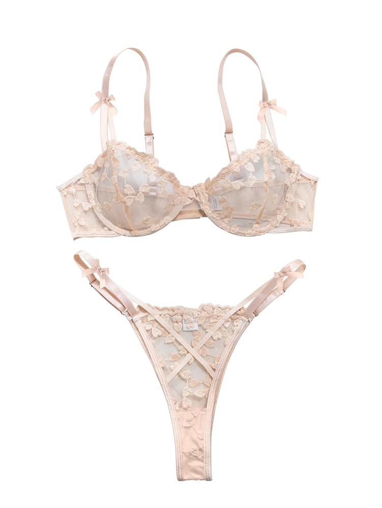 Lilosy Sexy Underwire Cute Push Up Strappy Embroidered Mesh Sheer Lingerie Set See Through Panty ... | Amazon (US)