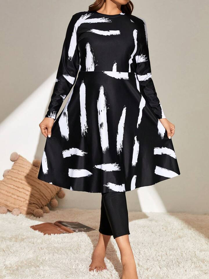 SHEIN Swim Mulvari Summer Beach Plus Brush Print Burkini Swimsuit | SHEIN