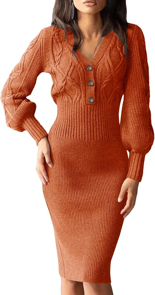 Langwyqu Women's V Neck Lantern Long Sleeve Sweater Dress Sexy Bodycon Cable Ribbed Knit Fall Pul... | Amazon (US)