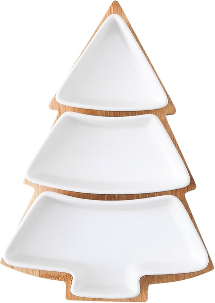 Christmas Tree Shaped Platter Ceramic Dinner Plates with Wood Tray Christmas Tree Dishes Decorati... | Amazon (US)